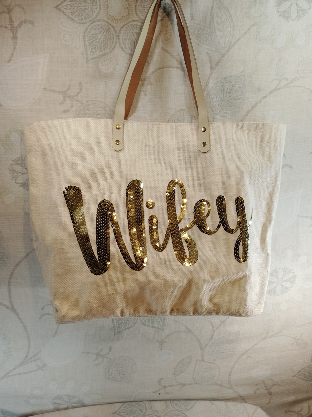 Mud Pie Cream Canvas Tote with Gold Sequin 'Wifey' Script